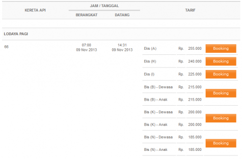 Fare list for Lodaya Pagi